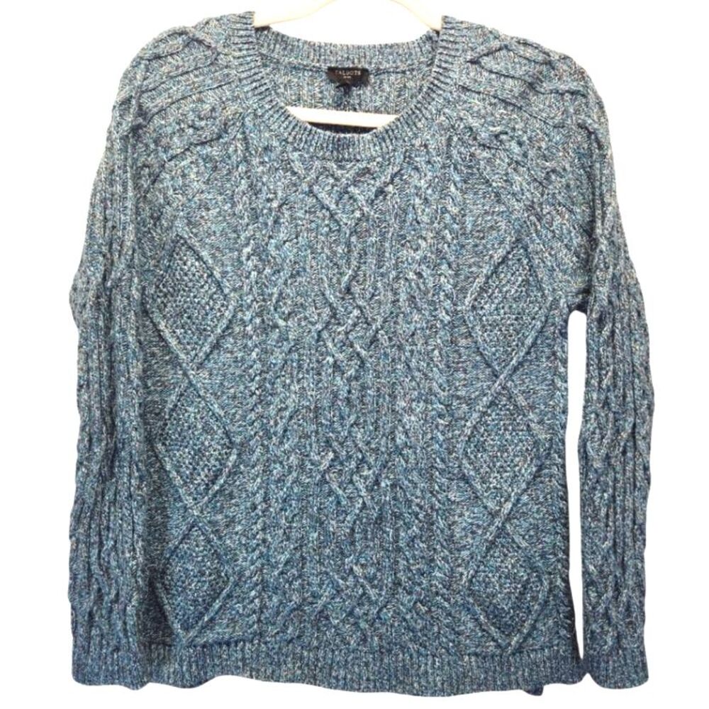 Talbots Heathered Teal Cable Knit Split Side Seam Women's Sweater MEDIUM Petite